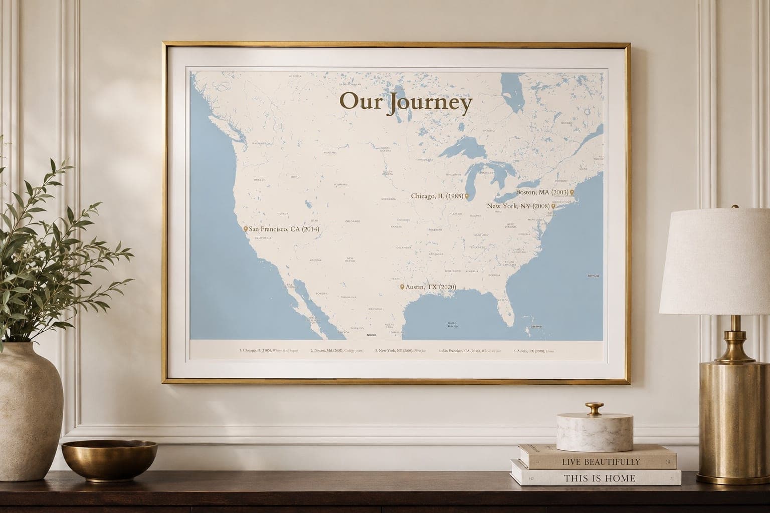Our Journey across the United States, framed on a wall